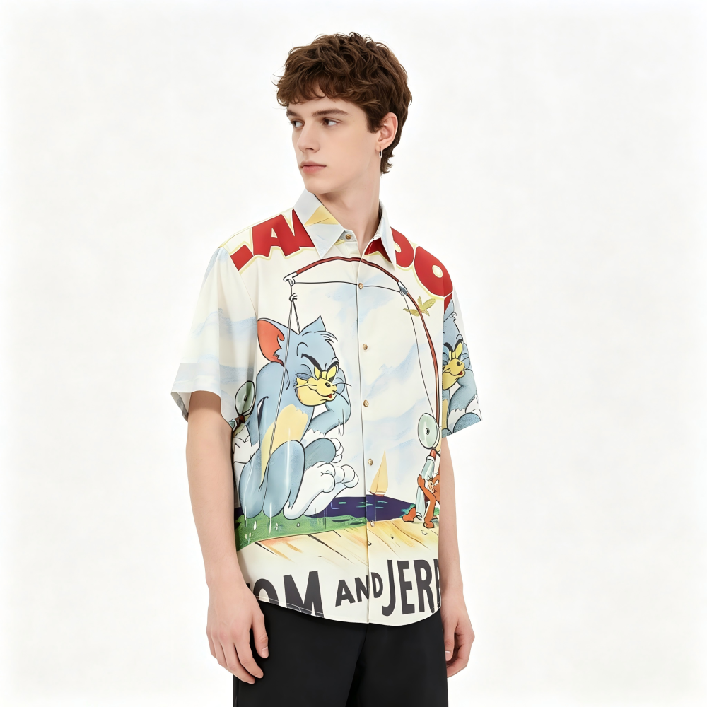 GorgeousBen Men's Casual Tom & Jerry Print Loose Short Sleeve Shirt