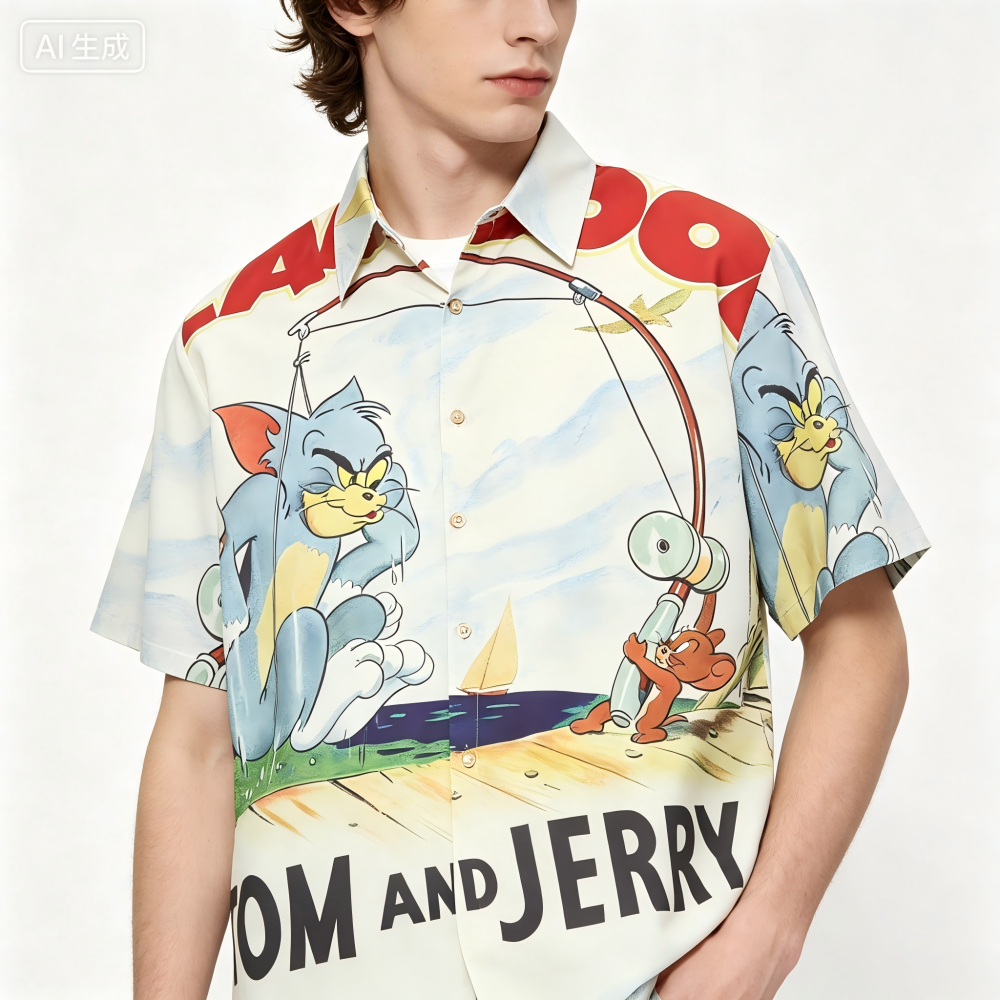 GorgeousBen Men's Casual Tom & Jerry Print Loose Short Sleeve Shirt