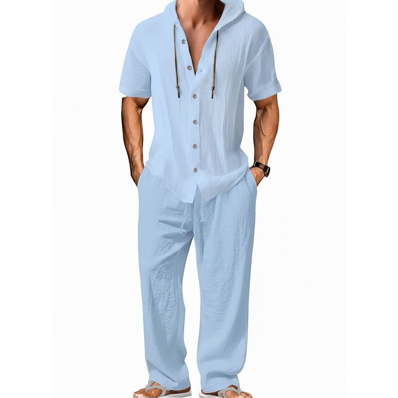 GorgeousBen Men's Hooded Linen Two-Piece Set, Short Sleeve Button-Up & Pants, Casual Summer Outfit