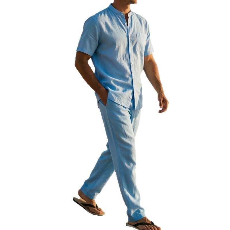 GorgeousBen Men's Linen Blend Stand Collar Two-Piece Set, Short Sleeve Shirt & Pants, Casual Summer Outfit