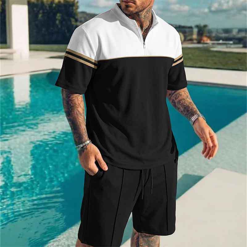 GorgeousBen Men's Color Block Half-Zip Polo Tracksuit, Short Sleeve T-Shirt & Shorts, Casual Summer Outfit