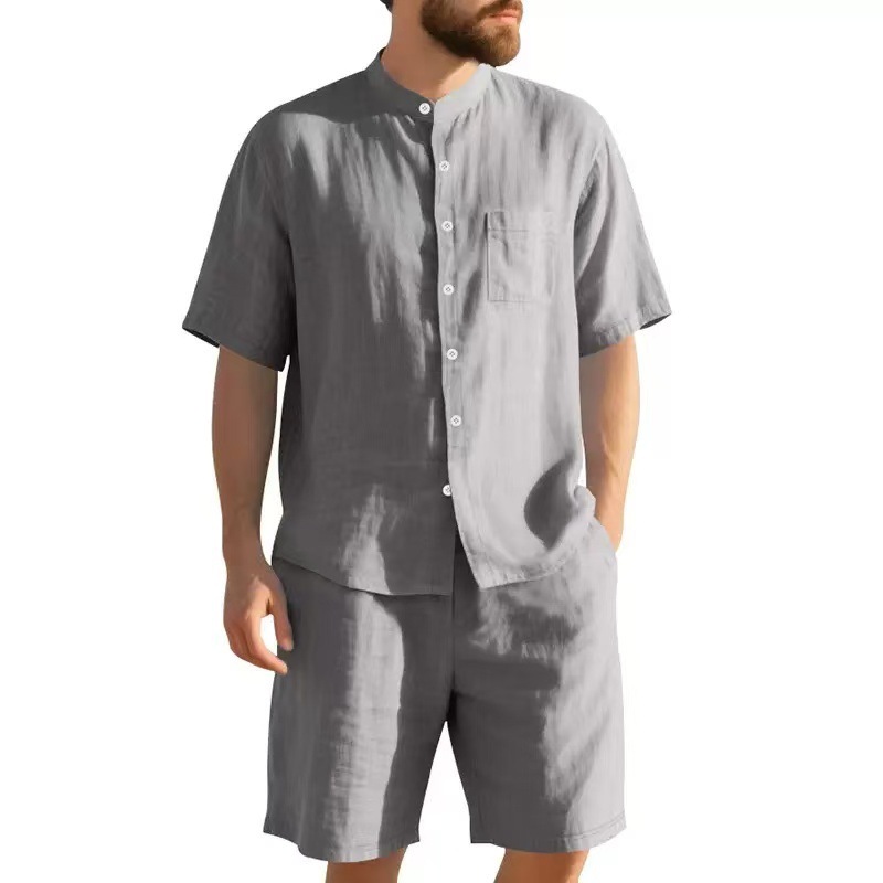 GorgeousBen Men's Linen Stand Collar Short Set, Breathable Summer Casual Outfit