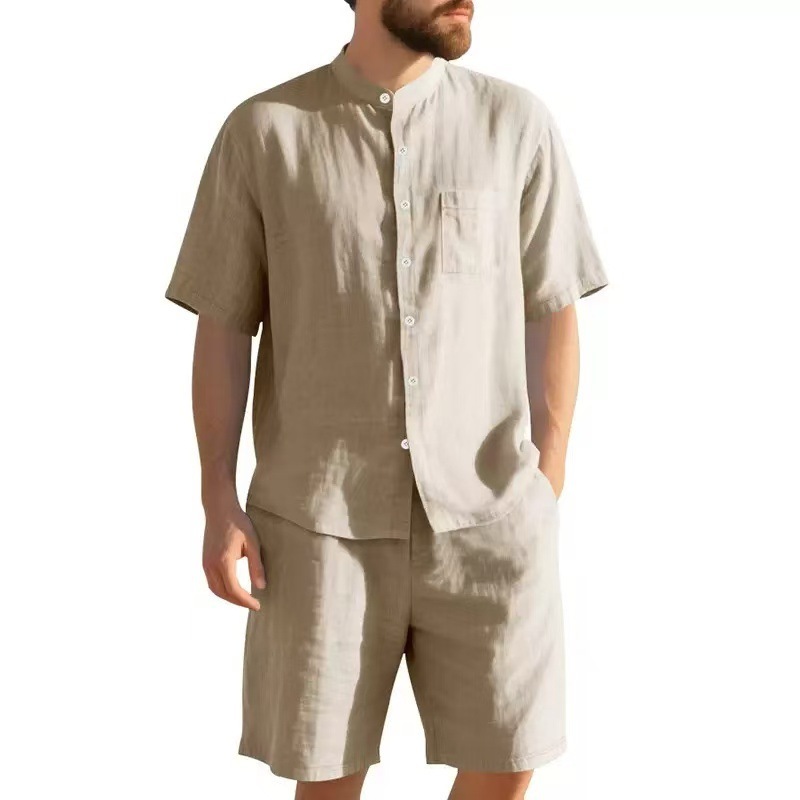 GorgeousBen Men's Linen Stand Collar Short Set, Breathable Summer Casual Outfit