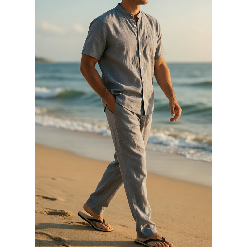 GorgeousBen Men's Linen Blend Stand Collar Two-Piece Set, Short Sleeve Shirt & Pants, Casual Summer Outfit