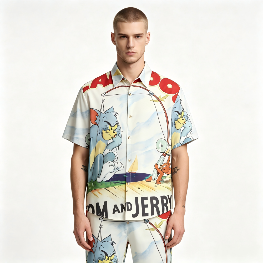 GorgeousBen Men's Casual Tom & Jerry Print Loose Short Sleeve Shirt