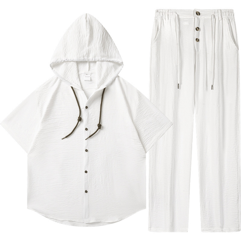 GorgeousBen Men's Hooded Textured Two-Piece Set, Short Sleeve Button-Up & Pants, Casual Summer Outfit