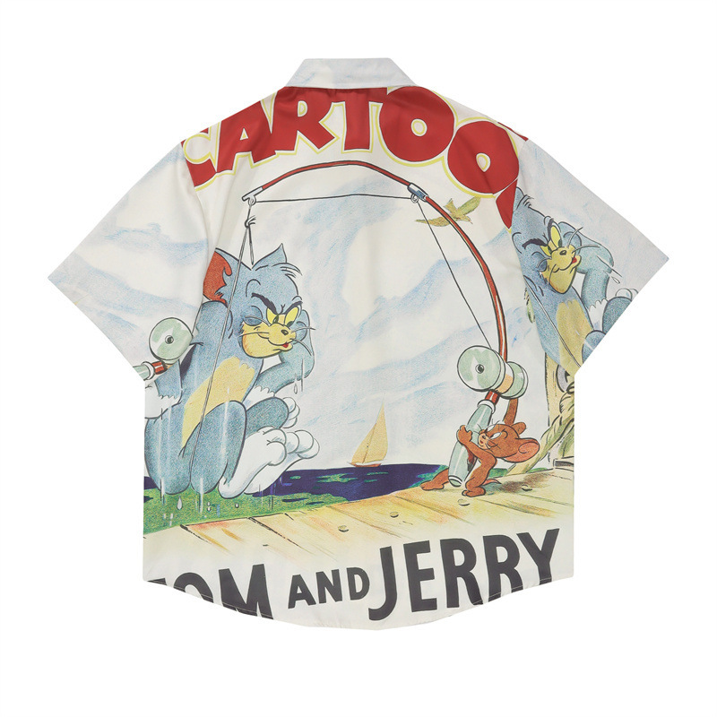 GorgeousBen Men's Casual Tom & Jerry Print Loose Short Sleeve Shirt