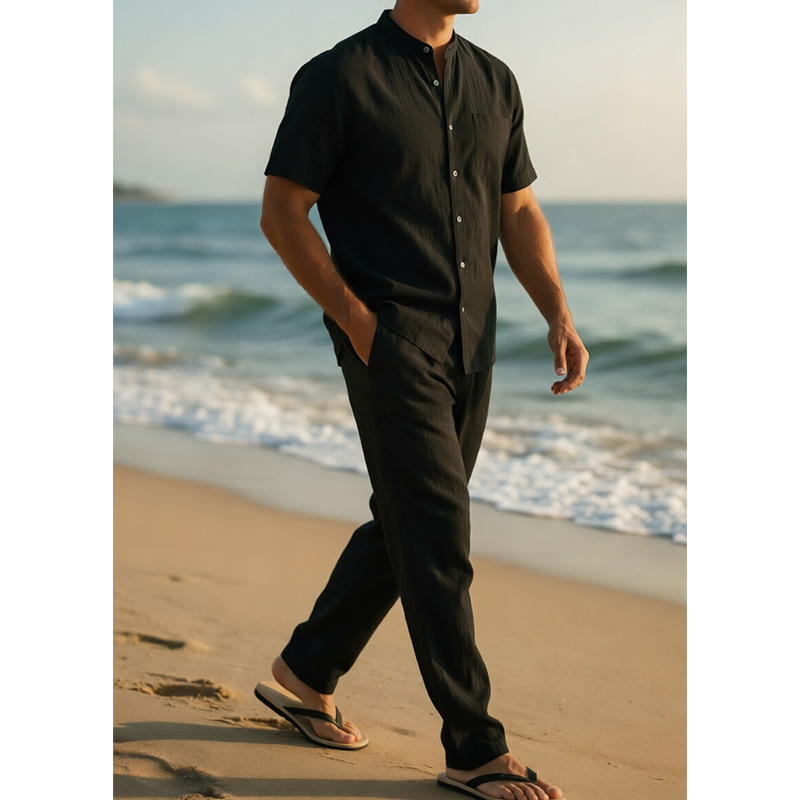 GorgeousBen Men's Linen Blend Stand Collar Two-Piece Set, Short Sleeve Shirt & Pants, Casual Summer Outfit