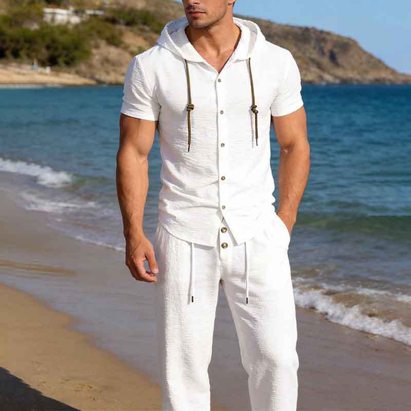 GorgeousBen Men's Hooded Textured Two-Piece Set, Short Sleeve Button-Up & Pants, Casual Summer Outfit