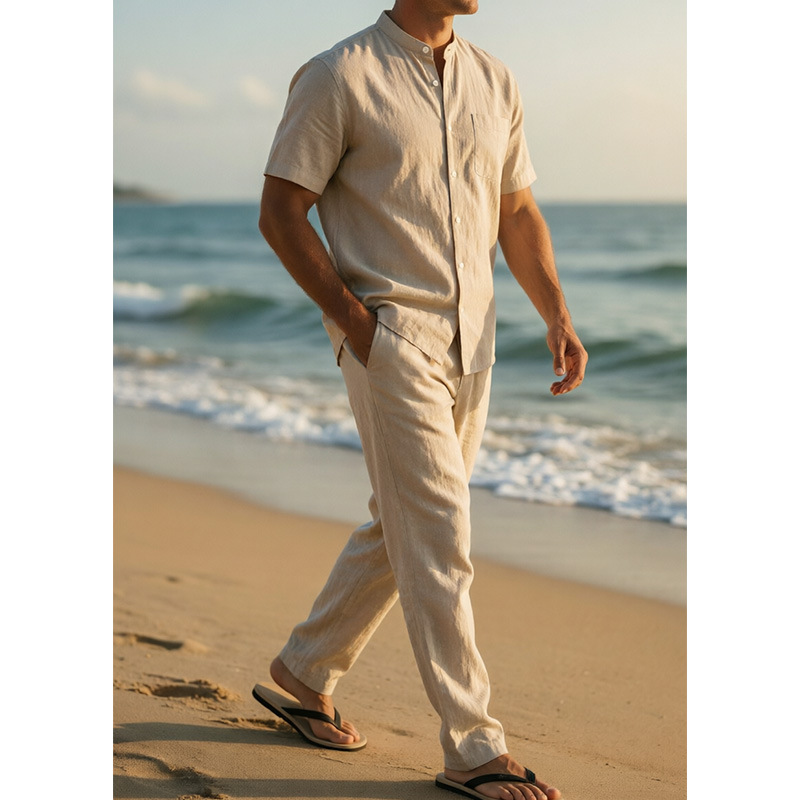 GorgeousBen Men's Linen Blend Stand Collar Two-Piece Set, Short Sleeve Shirt & Pants, Casual Summer Outfit
