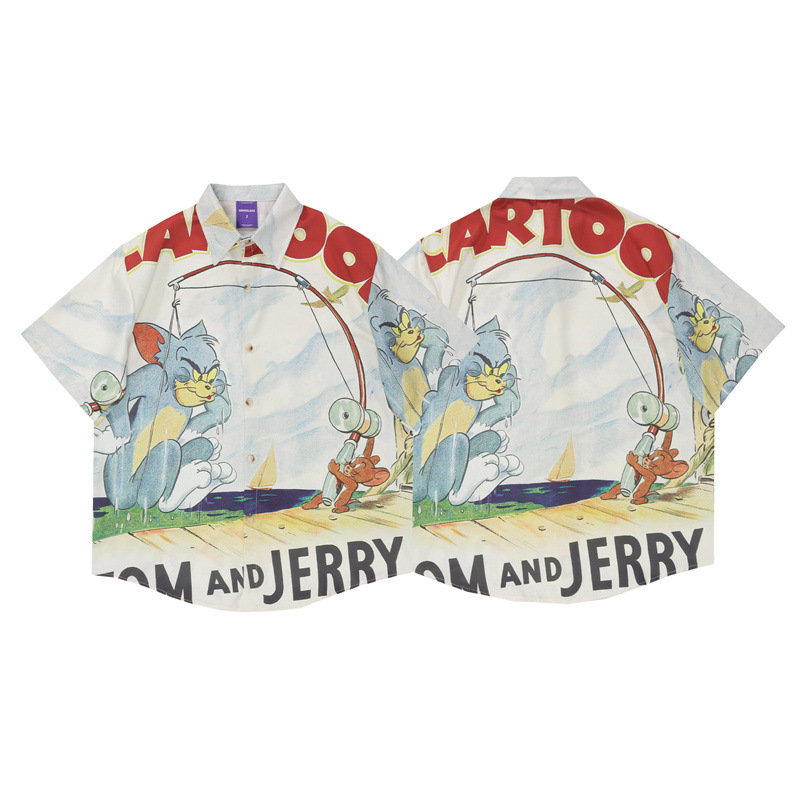 GorgeousBen Men's Casual Tom & Jerry Print Loose Short Sleeve Shirt