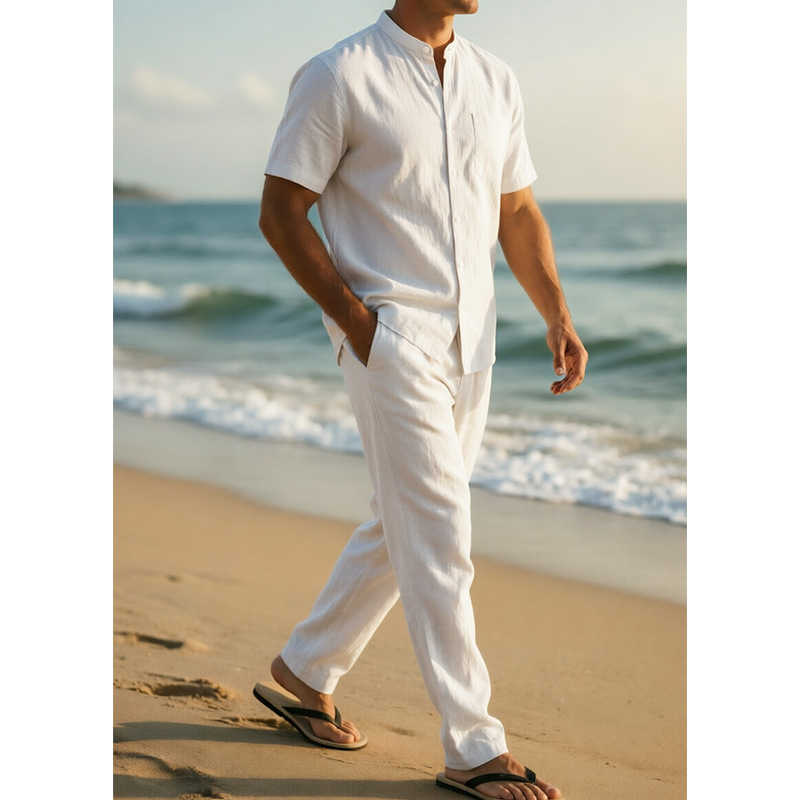 GorgeousBen Men's Linen Blend Stand Collar Two-Piece Set, Short Sleeve Shirt & Pants, Casual Summer Outfit
