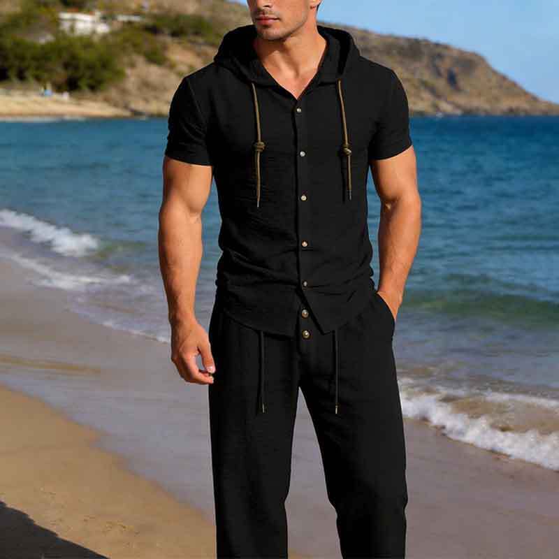 GorgeousBen Men's Hooded Textured Two-Piece Set, Short Sleeve Button-Up & Pants, Casual Summer Outfit