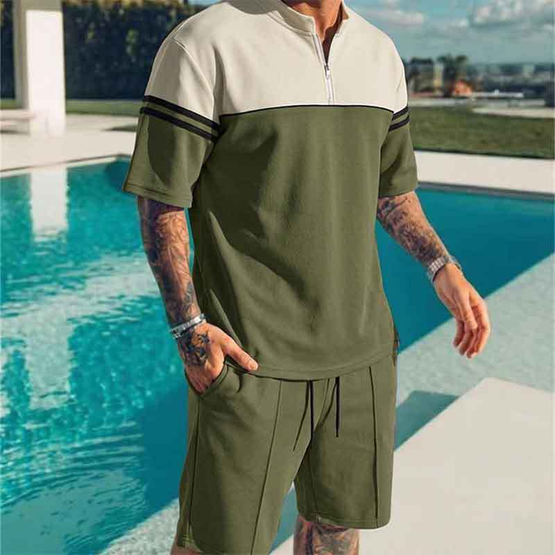 GorgeousBen Men's Color Block Half-Zip Polo Tracksuit, Short Sleeve T-Shirt & Shorts, Casual Summer Outfit