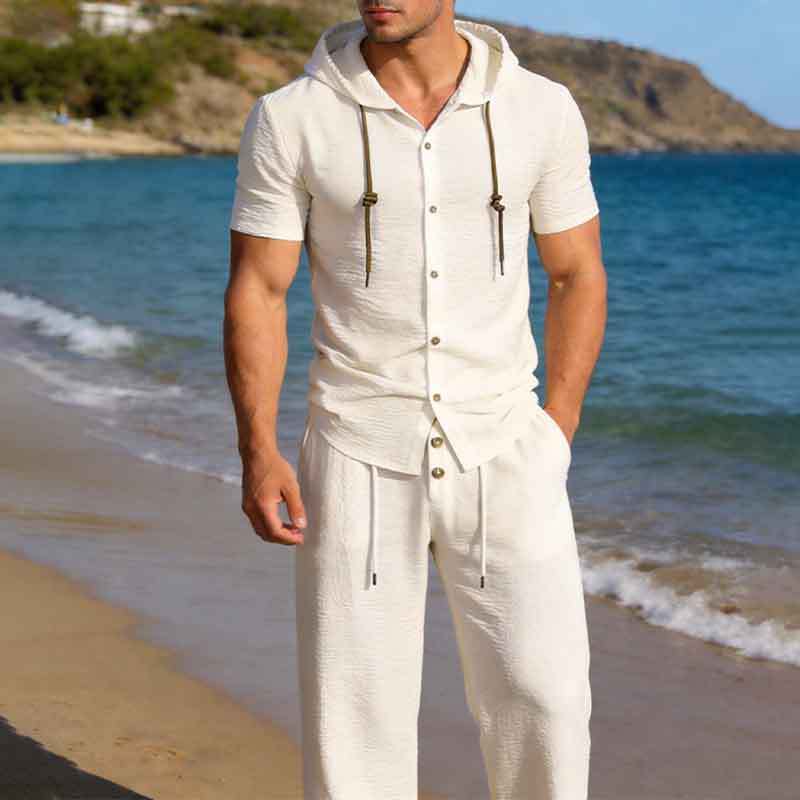 GorgeousBen Men's Hooded Textured Two-Piece Set, Short Sleeve Button-Up & Pants, Casual Summer Outfit