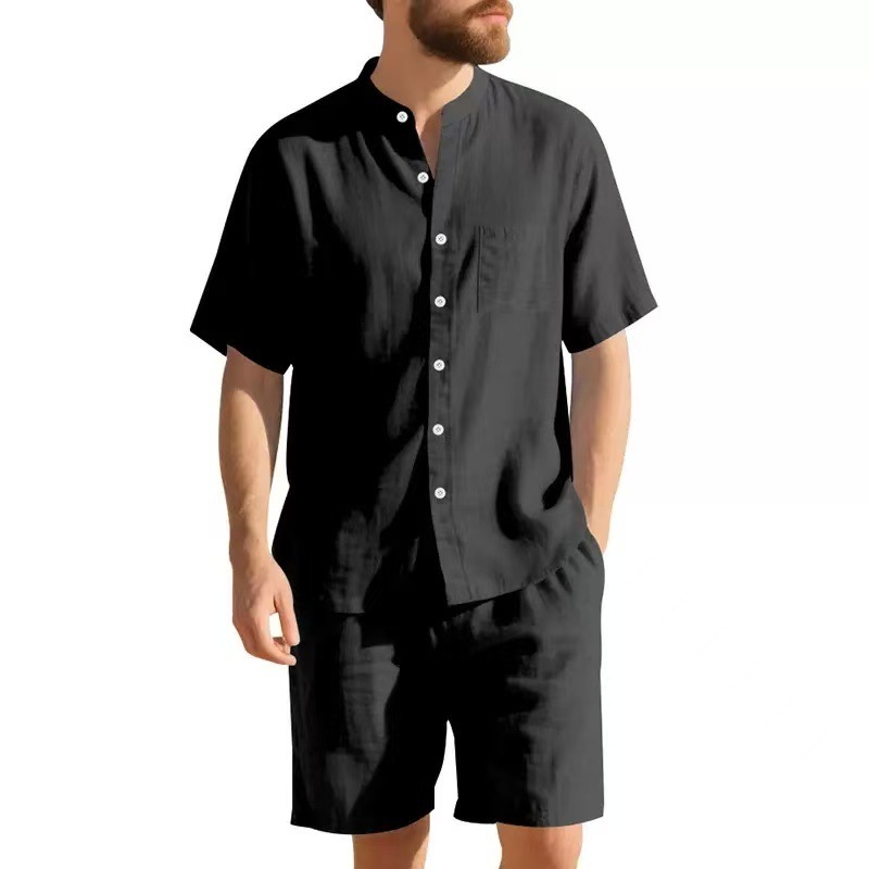 GorgeousBen Men's Linen Stand Collar Short Set, Breathable Summer Casual Outfit