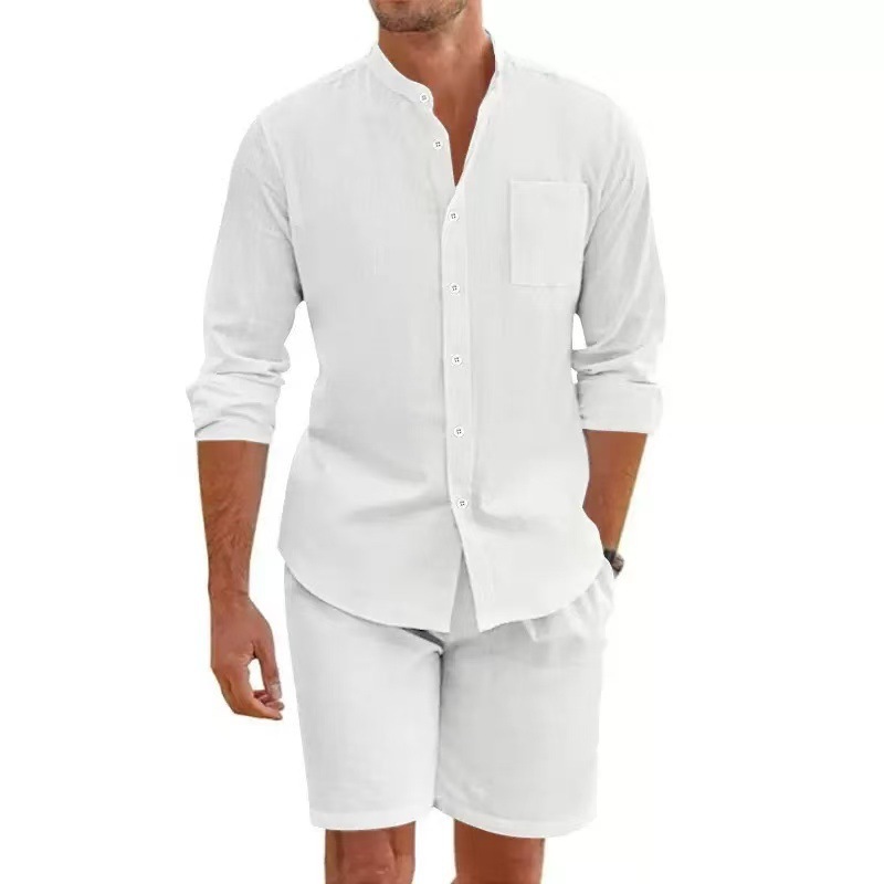 GorgeousBen Men's Linen Stand Collar Short Set, Breathable Summer Casual Outfit