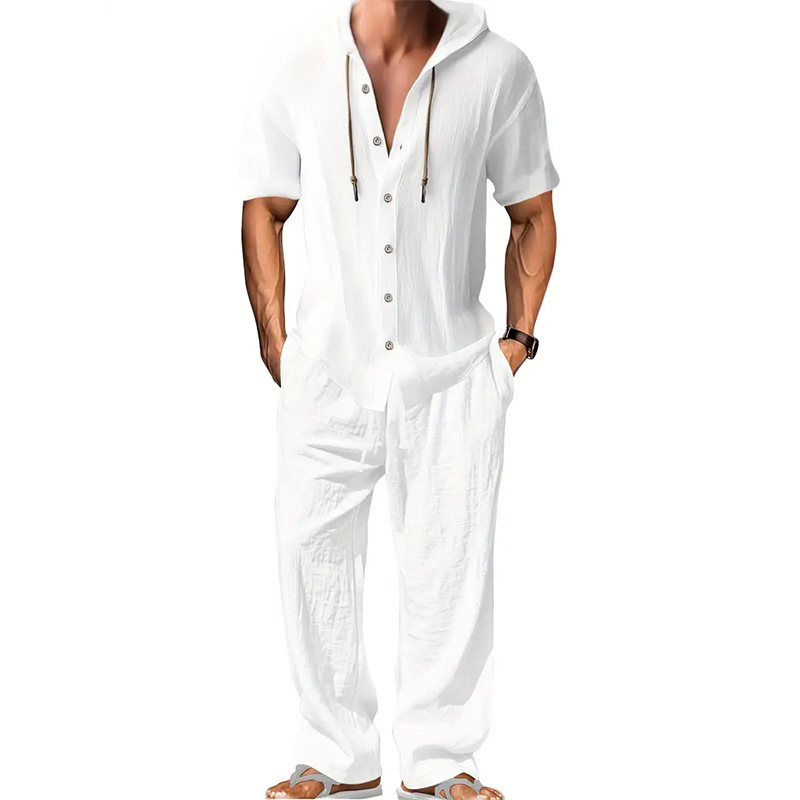 GorgeousBen Men's Hooded Linen Two-Piece Set, Short Sleeve Button-Up & Pants, Casual Summer Outfit