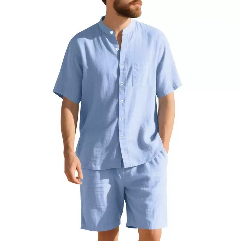 GorgeousBen Men's Linen Stand Collar Short Set, Breathable Summer Casual Outfit