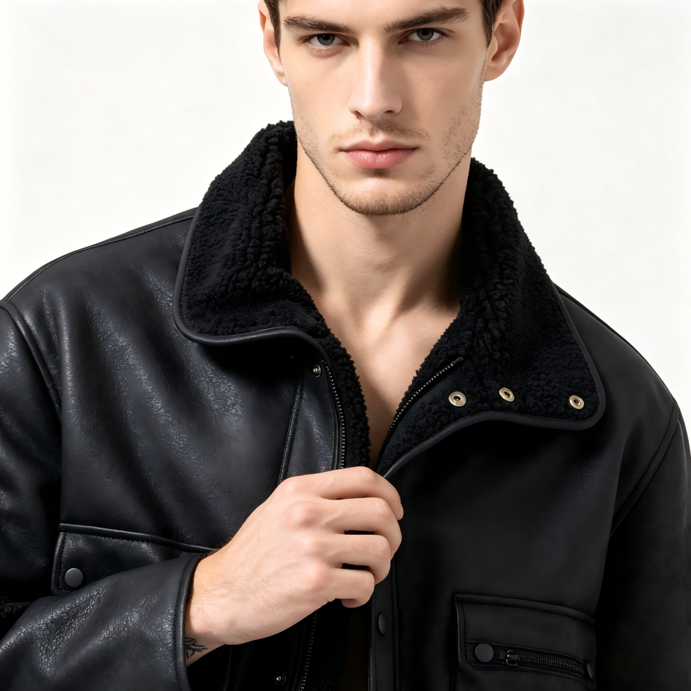 GorgeousBen Men's Reversible Fleece & PU Leather Winter Jacket