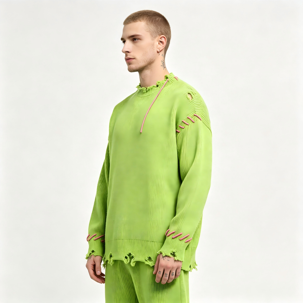 GorgeousBen Men's Oversized Distressed American Streetwear Knit Sweater