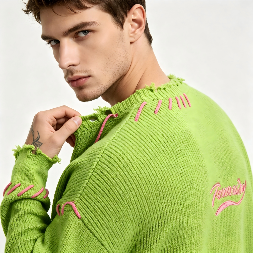 GorgeousBen Men's Oversized Distressed American Streetwear Knit Sweater