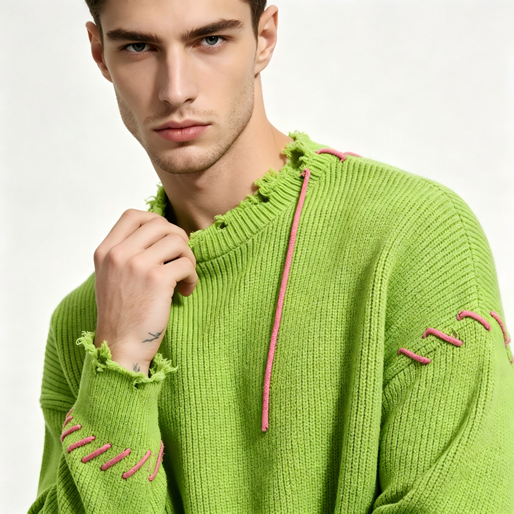 GorgeousBen Men's Oversized Distressed American Streetwear Knit Sweater