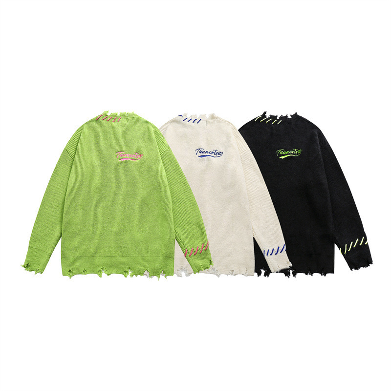GorgeousBen Men's Oversized Distressed American Streetwear Knit Sweater