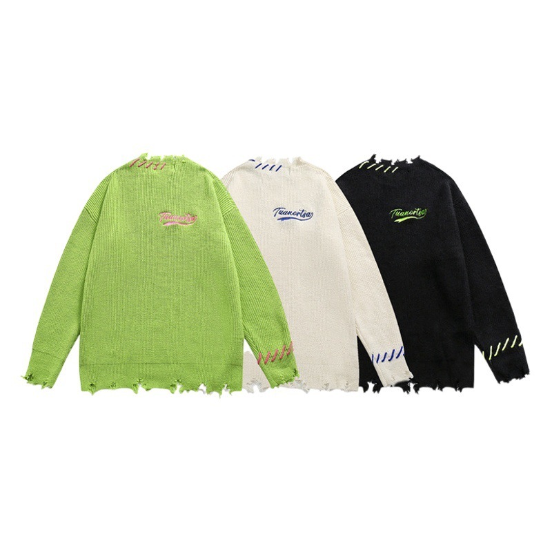 GorgeousBen Men's Oversized Distressed American Streetwear Knit Sweater