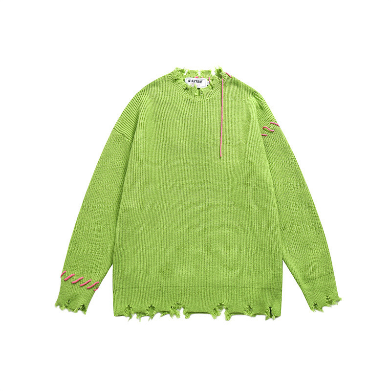 GorgeousBen Men's Oversized Distressed American Streetwear Knit Sweater