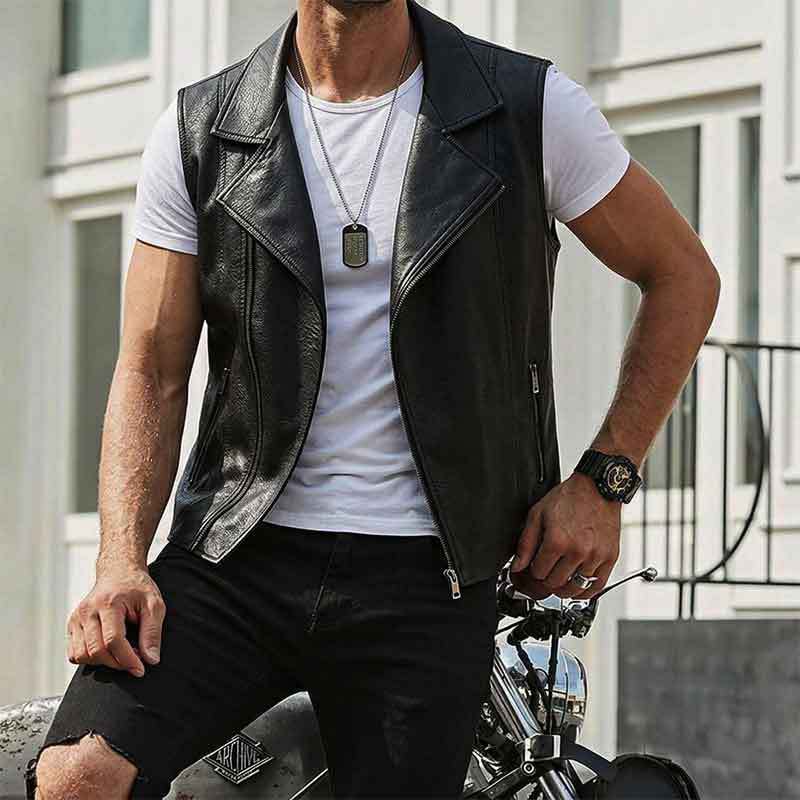 GorgeousBen Men's Slim Fit Black PU Leather Vest Casual Fall Outerwear