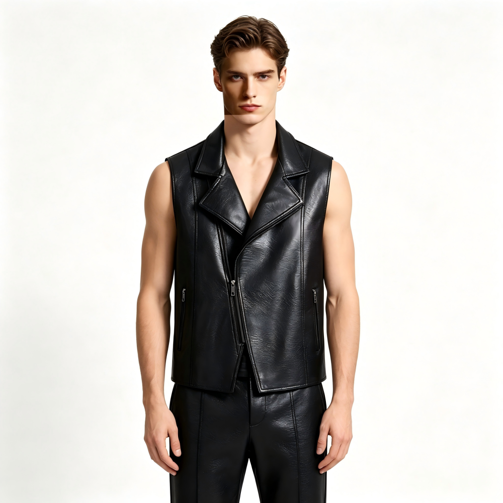 GorgeousBen Men's Slim Fit Black PU Leather Vest Casual Fall Outerwear