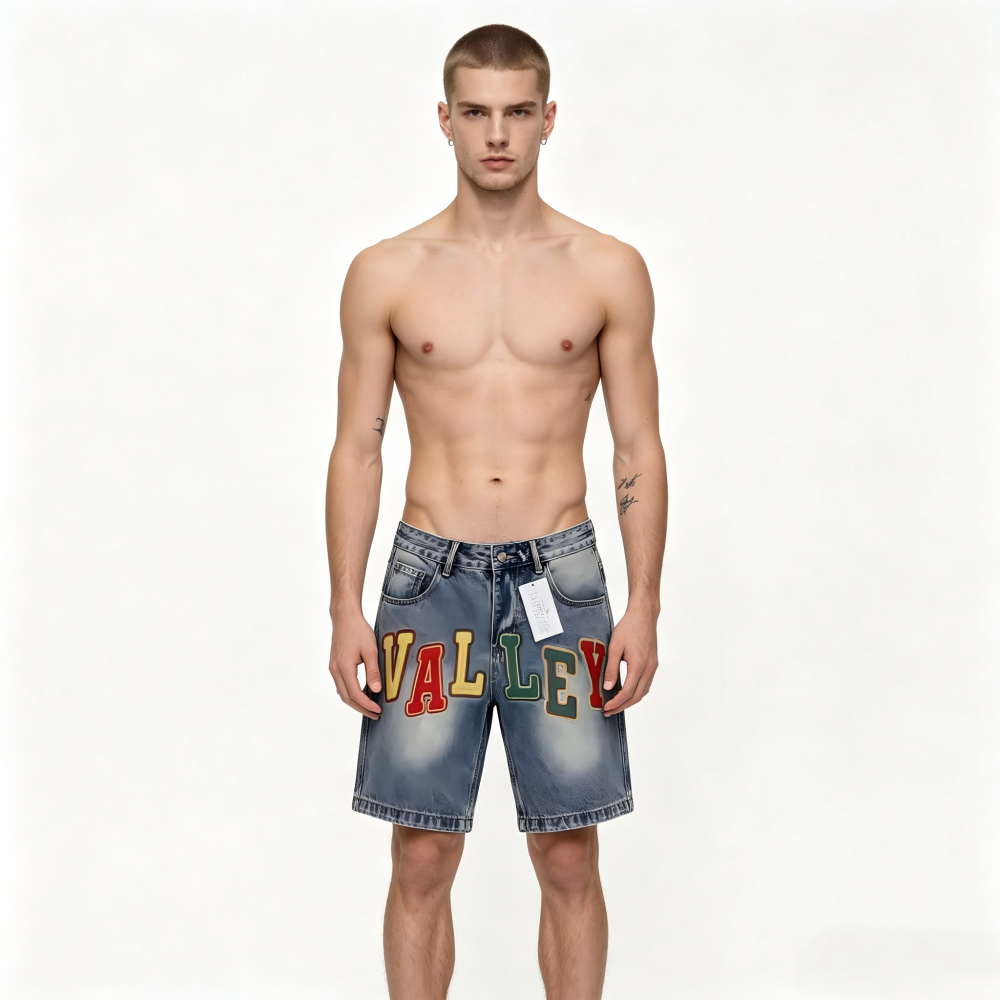 GorgeousBen Men's Vintage Washed Denim Shorts with Colorful Letter Embroidery