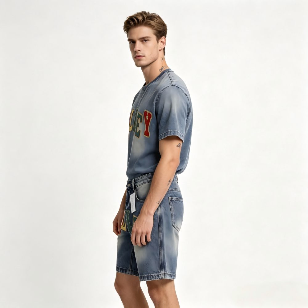 GorgeousBen Men's Vintage Washed Denim Shorts with Colorful Letter Embroidery