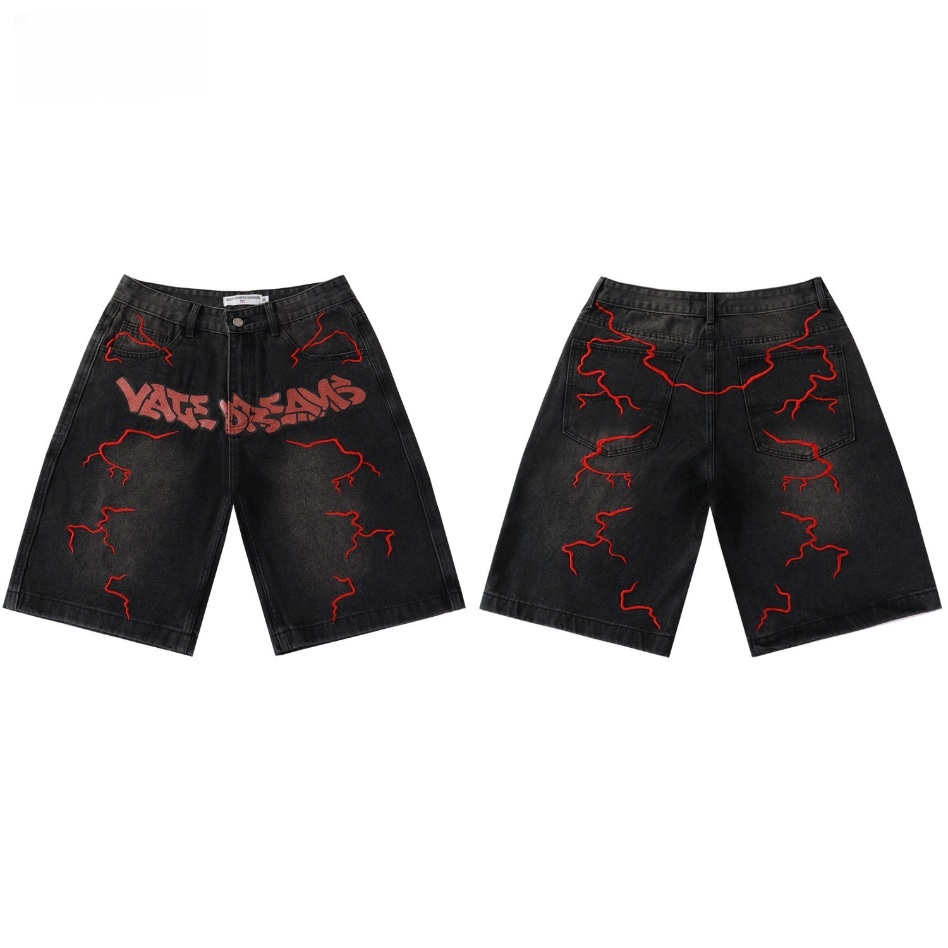 GorgeousBen Men's Vintage Washed Denim Shorts with Colorful Letter Embroidery