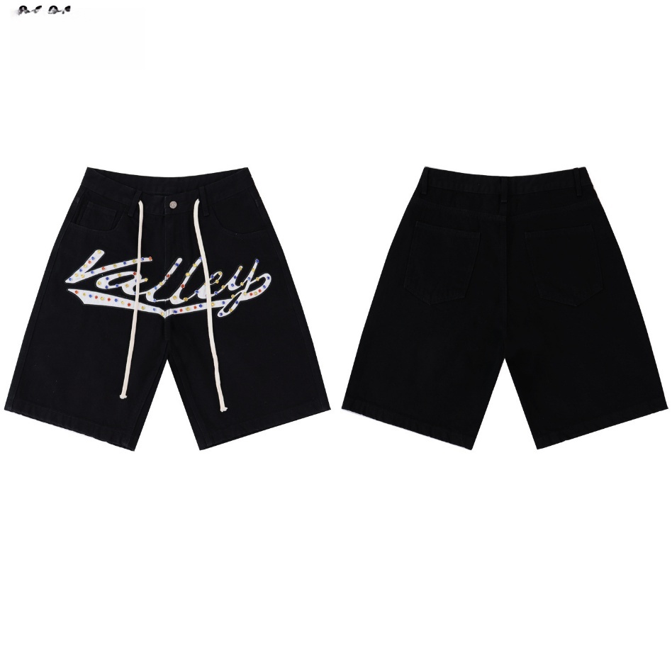 GorgeousBen Men's Vintage Washed Denim Shorts with Colorful Letter Embroidery