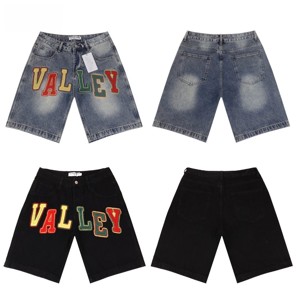 GorgeousBen Men's Vintage Washed Denim Shorts with Colorful Letter Embroidery