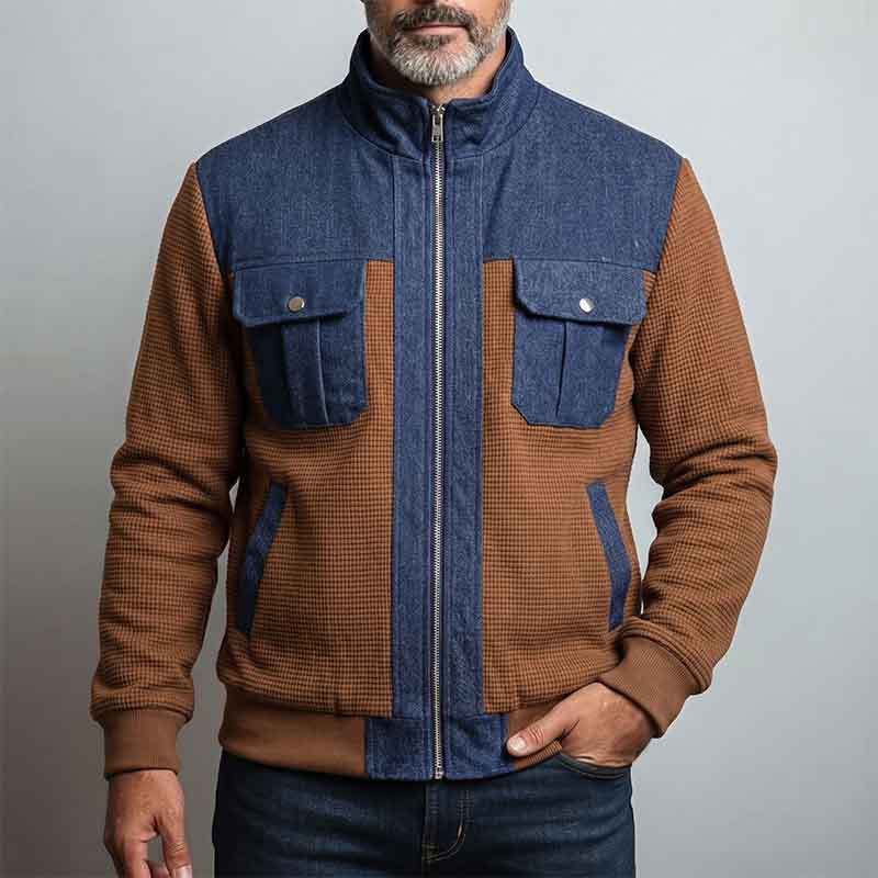 GorgeousBen Men's Color Block Casual Jacket, Slim Fit Breathable Zip-Up Outerwear for Fall