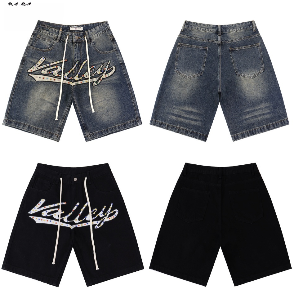 GorgeousBen Men's Vintage Washed Denim Shorts with Colorful Letter Embroidery