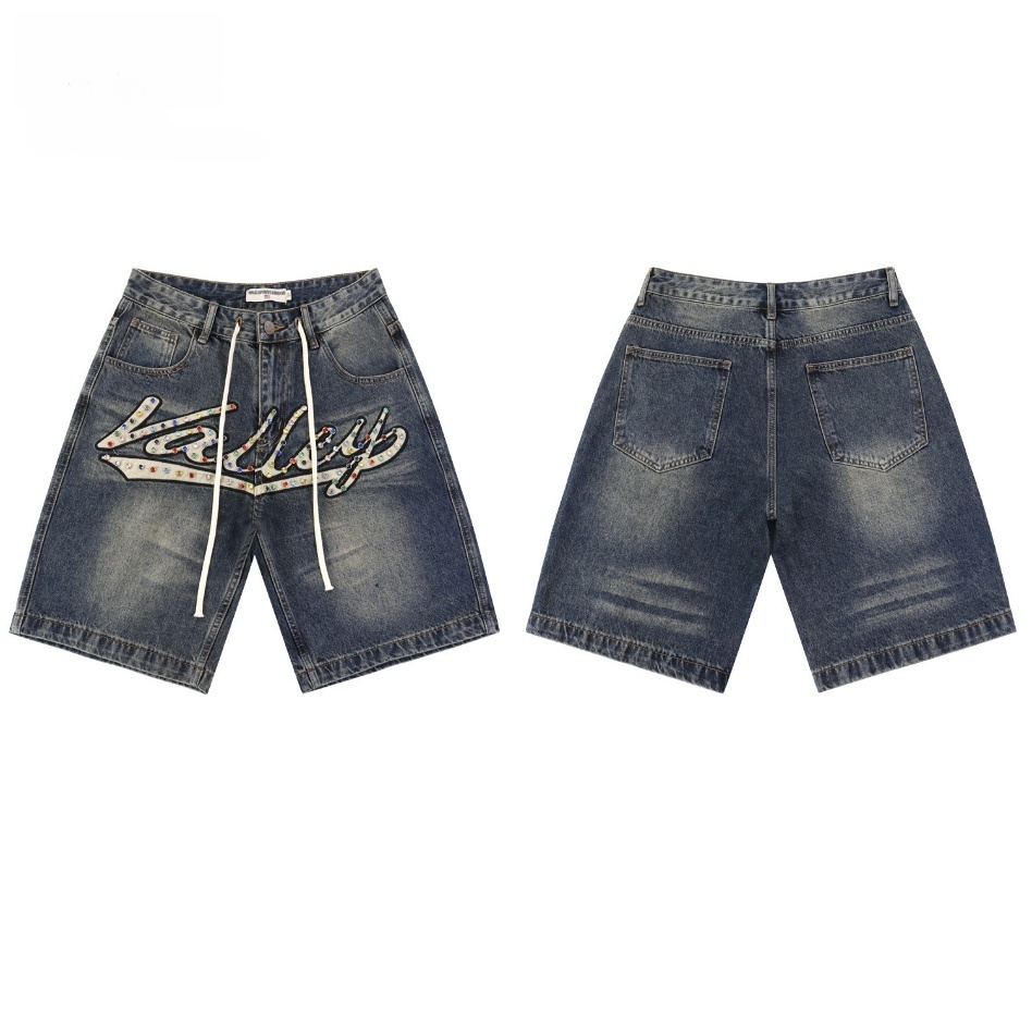 GorgeousBen Men's Vintage Washed Denim Shorts with Colorful Letter Embroidery