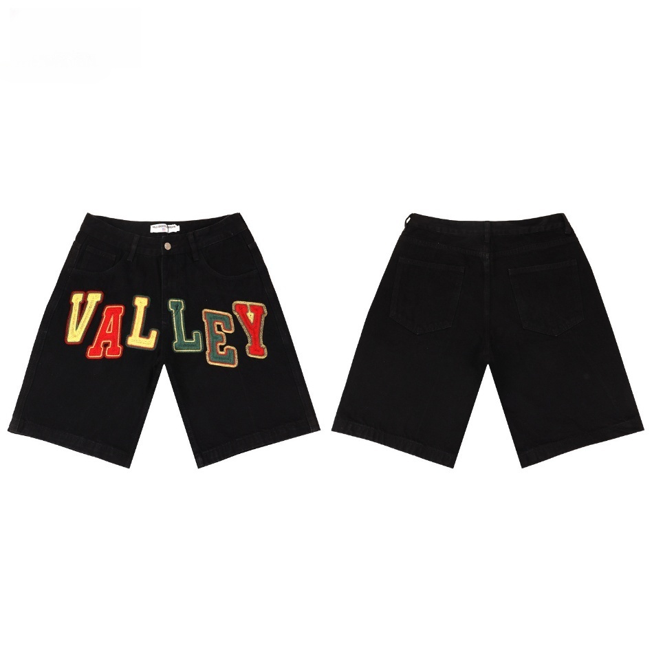 GorgeousBen Men's Vintage Washed Denim Shorts with Colorful Letter Embroidery