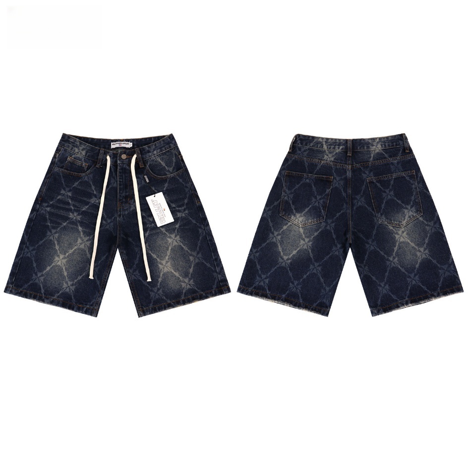 GorgeousBen Men's Vintage Washed Denim Shorts with Colorful Letter Embroidery