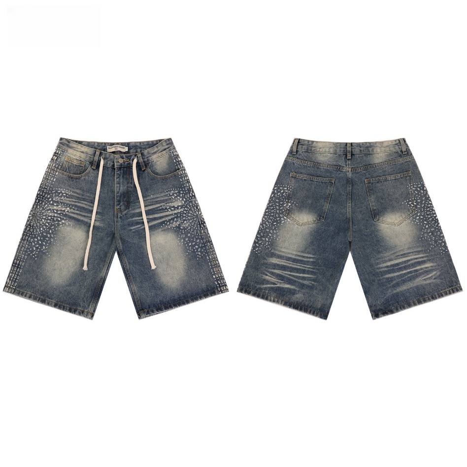 GorgeousBen Men's Vintage Washed Denim Shorts with Colorful Letter Embroidery