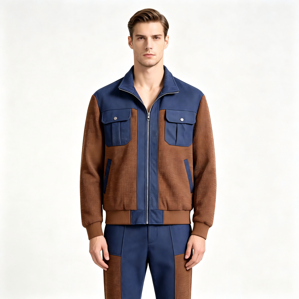 GorgeousBen Men's Color Block Casual Jacket, Slim Fit Breathable Zip-Up Outerwear for Fall