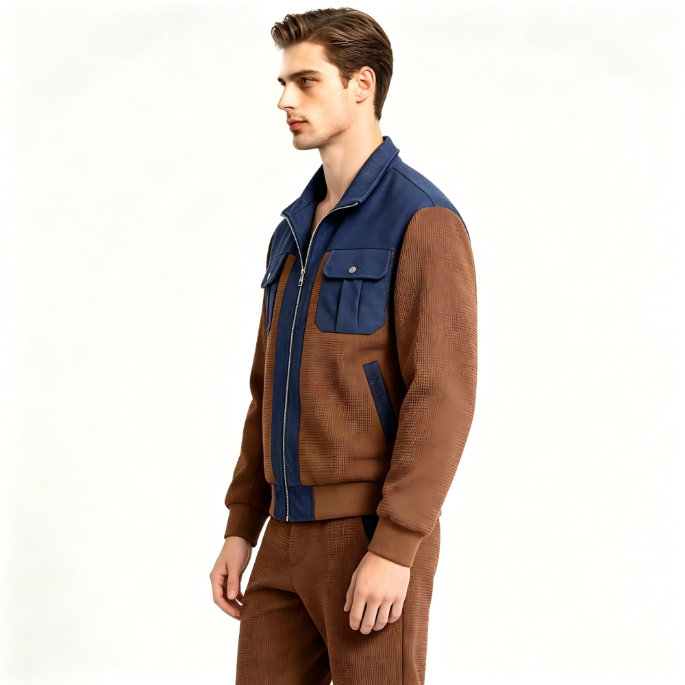 GorgeousBen Men's Color Block Casual Jacket, Slim Fit Breathable Zip-Up Outerwear for Fall