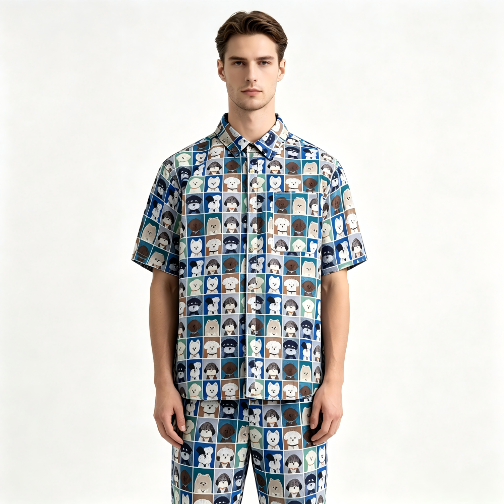 GorgeousBen Men's Casual Dog Print Short Sleeve Shirt, Loose Fit Breathable