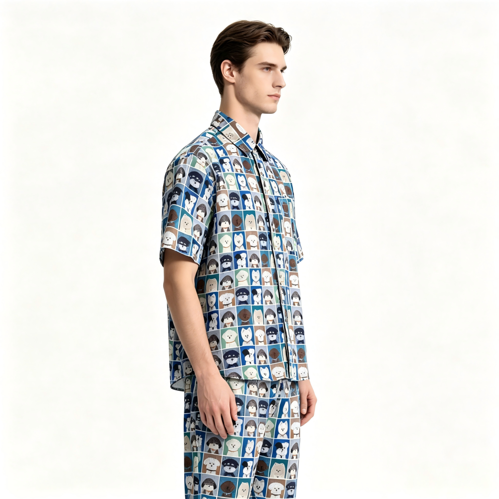GorgeousBen Men's Casual Dog Print Short Sleeve Shirt, Loose Fit Breathable