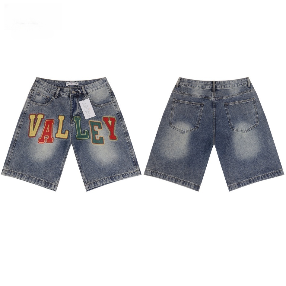 GorgeousBen Men's Vintage Washed Denim Shorts with Colorful Letter Embroidery