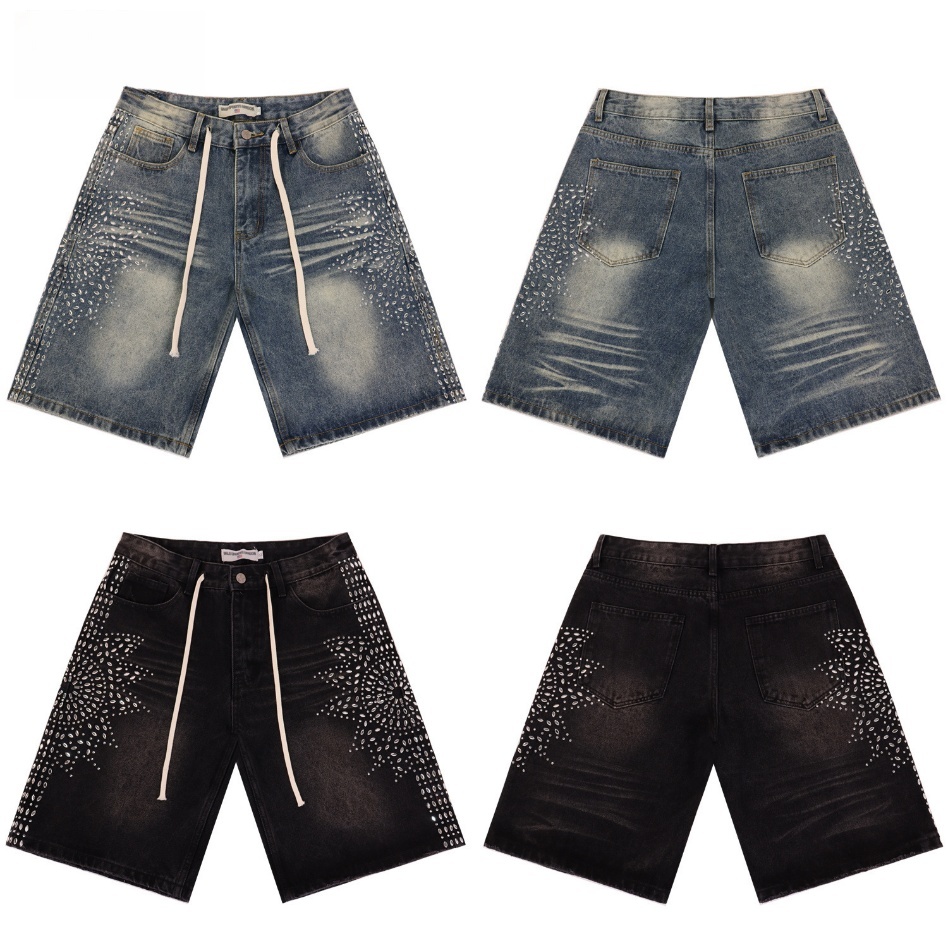 GorgeousBen Men's Vintage Washed Denim Shorts with Colorful Letter Embroidery