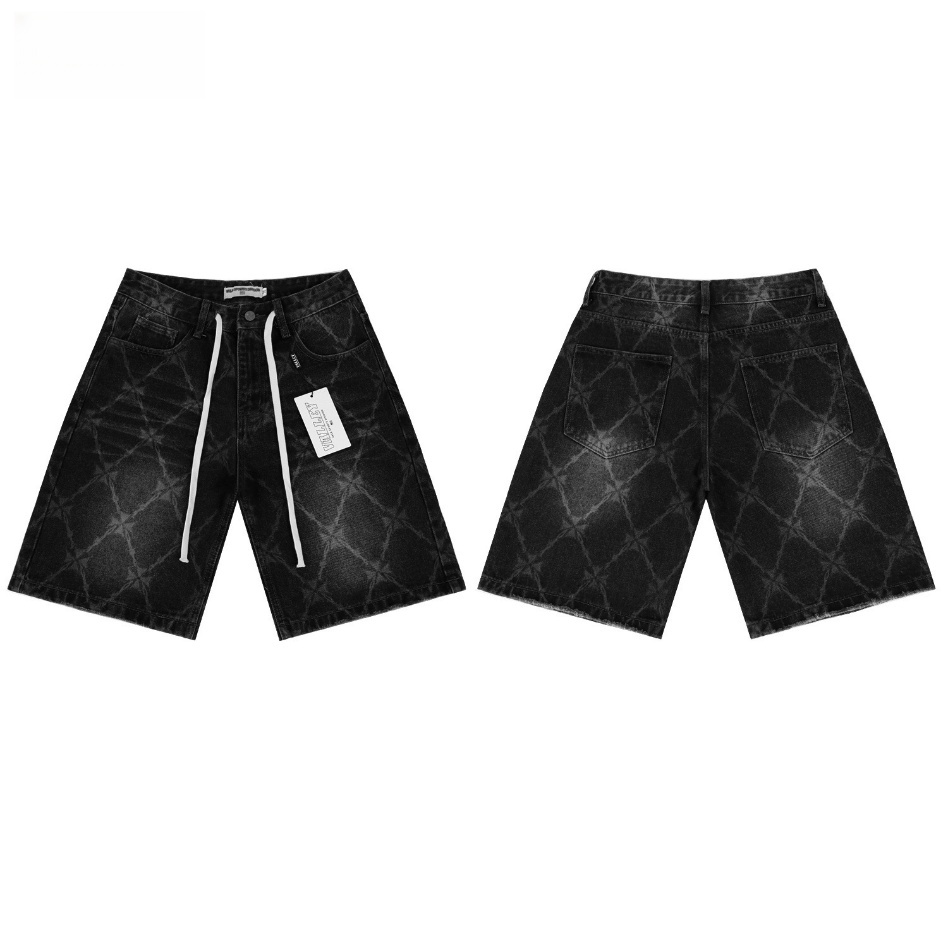 GorgeousBen Men's Vintage Washed Denim Shorts with Colorful Letter Embroidery